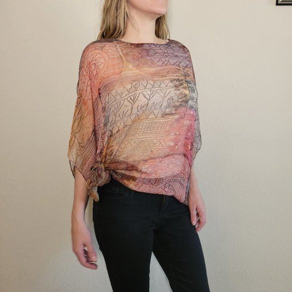 Cocoon House 100% Silk Top One Size OS Poncho Wrap Sheer Tunic Small Medium Lg - Picture 7 of 11